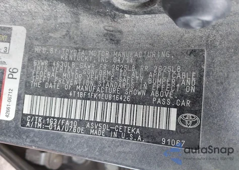 2014 Toyota Camry L из США, поврежденный, VIN 4T1BF1FK1EU816426